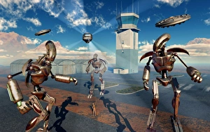Flying Saucers Gallery: An alien being with giant robots at the Area 51 top secret base in Roswell