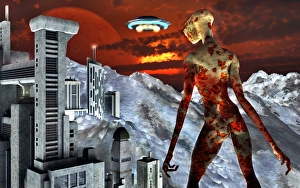 An alien being overlooks its base built into the side of a mountain on a distant An alien being overlooks its base built into the side of a mountain on a distant
