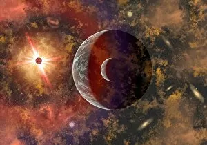 Cosmic Gallery: An alien planet and its moon in orbit around a red giant star