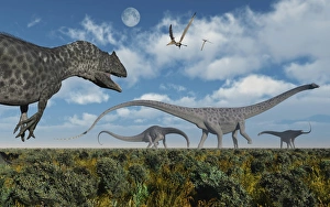 An Allosaurus dinosaur stalking a herd of Diplodocus dinosaurs An Allosaurus dinosaur stalking a herd of Diplodocus dinosaurs