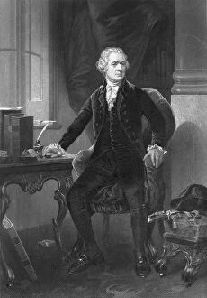 American History print of Alexander Hamilton sitting at his desk
