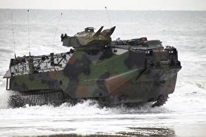 An amphibious assault vehicle drives toward Onslow Beach An amphibious assault vehicle drives toward Onslow Beach