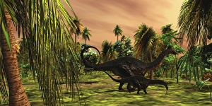 An Apatosaurus mother escorts her hatchling baby An Apatosaurus mother escorts her hatchling baby