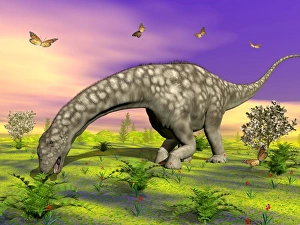 Argentinosaurus eating plants while surrounded by butterflies and flowers Argentinosaurus eating plants while surrounded by butterflies and flowers