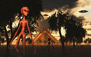 Artists concept of aliens helping the Mayans build complex buildings Artists concept of aliens helping the Mayans build complex buildings