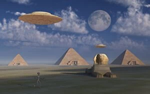 Flying Saucers Gallery: Artists concept of Grey aliens helping the Egyptians build the pyramids