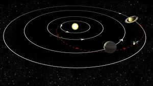 Artists concept illustrating the gravity assist maneuver used by spacecraft Artists concept illustrating the gravity assist maneuver used by spacecraft