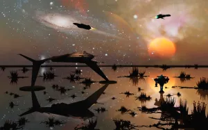 Flying Saucers Gallery: Artists concept illustrating space travel throughout a distant galaxy