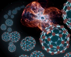 Artists concept showing carbon balls ejecting out from a dying white star in a planetary Artists concept showing carbon balls ejecting out from a dying white star in a planetary