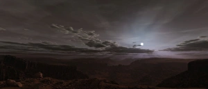 Valles Marineris Gallery: Artists concept of the Sun rising over Valles Marineris on Mars