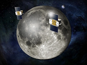 Artists concept of twin GRAIL spacecraft orbiting the moon Artists concept of twin GRAIL spacecraft orbiting the moon