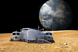 An artists depiction of a lunar base on a barren moon An artists depiction of a lunar base on a barren moon