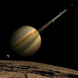 An artists depiction of a ringed gas giant planet with six moons An artists depiction of a ringed gas giant planet with six moons