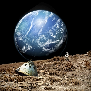 Robotic Gallery: An astronaut surveys his situation on a barren and rocky moon