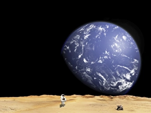 An astronaut works with his rover while exploring a barren moon An astronaut works with his rover while exploring a barren moon