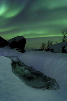 Aurora Borealis over a frozen river, Nordland, Norway Aurora Borealis over a frozen river, Nordland, Norway