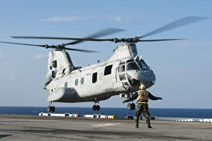 An aviation boatswains mate directs a CH-46E Sea Knight An aviation boatswains mate directs a CH-46E Sea Knight