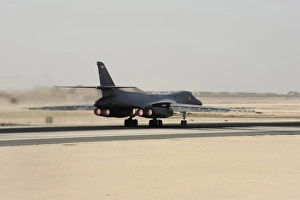 A B-1B Lancer takes off at an air base in Southwest Asia A B-1B Lancer takes off at an air base in Southwest Asia