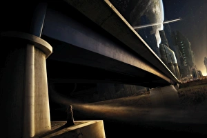 A banned person looks back to his old hometown from under a bridge A banned person looks back to his old hometown from under a bridge