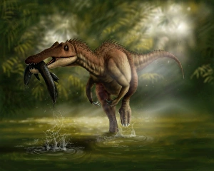 A Baryonyx dinosaur catches a fish out of water A Baryonyx dinosaur catches a fish out of water