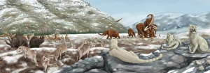 British landscape with various prehistoric animals British landscape with various prehistoric animals