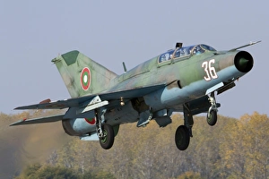 A Bulgarian Air Force MiG-21UM jet fighter taking off A Bulgarian Air Force MiG-21UM jet fighter taking off