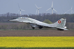 A Bulgarian Air Force MiG-29UB aircraft taking off A Bulgarian Air Force MiG-29UB aircraft taking off