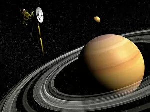 Planetary Science Collection: Cassini spacecraft orbiting Saturn and and its moon Titan