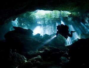 Images Dated 21st January 2012: Cenote diver enters Taj mahal cavern on Yucatan peninsula in Mexico