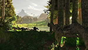 Ceratosaurus dinosaurs stalk a herd of Camptosaurus eating plants Ceratosaurus dinosaurs stalk a herd of Camptosaurus eating plants