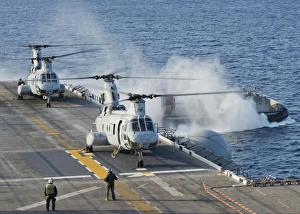 Two CH-46E Sea Knight helicopters on the flight deck of USS Bonhomme Richard Two CH-46E Sea Knight helicopters on the flight deck of USS Bonhomme Richard