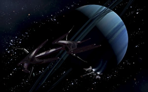 A chartered private corvette being intercepted by a strange alien craft A chartered private corvette being intercepted by a strange alien craft