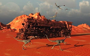 Compsognathus dinosaurs and Eudimorphodon Pterosaurs encounter a fossilized steam train Compsognathus dinosaurs and Eudimorphodon Pterosaurs encounter a fossilized steam train