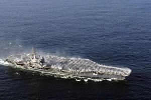 Countermeasure wash down sprinklers activated on the aircraft carrier USS Ronald Reagan Countermeasure wash down sprinklers activated on the aircraft carrier USS Ronald Reagan