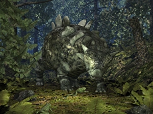 A Crichtonsaurus crosses paths with a pair of frogs within a Cretaceous forest A Crichtonsaurus crosses paths with a pair of frogs within a Cretaceous forest