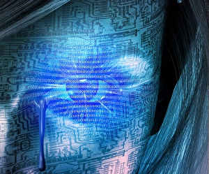 Artificial Intelligence Concept Prints: Cyborg woman cries. Binary code, circuit pattern