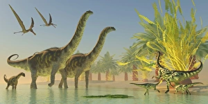 Deinocheirus dinosaurs watch a group of Argentinosaurus walk through shallow waters Deinocheirus dinosaurs watch a group of Argentinosaurus walk through shallow waters