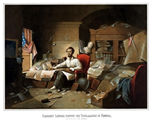 Digitally restored Civil War print of President Lincoln writing the Emancipation Digitally restored Civil War print of President Lincoln writing the Emancipation