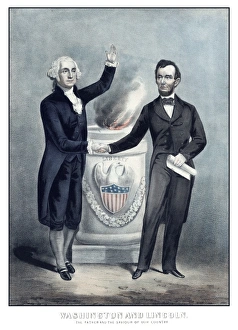 Digitally restored print of President Washington and President Lincoln shaking hands Digitally restored print of President Washington and President Lincoln shaking hands