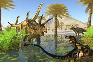 Two Dilong dinosaurs guard their nest from a Coahuilaceratops Two Dilong dinosaurs guard their nest from a Coahuilaceratops