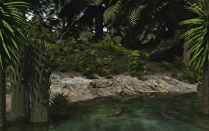 Dipterus fish emerge from a Devonian freshwater lake Dipterus fish emerge from a Devonian freshwater lake