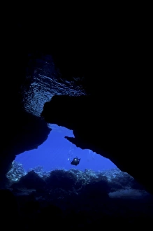 Diver with lights entering a submerged cave, Australia Diver with lights entering a submerged cave, Australia