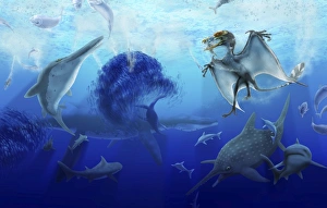 Early Jurassic European pelagic scene with various extinct animals Early Jurassic European pelagic scene with various extinct animals