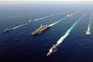 The Enterprise Carrier Strike group sails through the Atlantic Ocean in formation The Enterprise Carrier Strike group sails through the Atlantic Ocean in formation