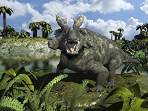 An Estemmenosuchus mirabilis stands before a lake 255 million years ago An Estemmenosuchus mirabilis stands before a lake 255 million years ago