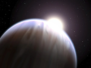 An extrasolar planet with its parent star peeking above its top edge An extrasolar planet with its parent star peeking above its top edge