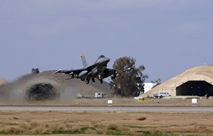 An F-16 Fighting Falcon takes off from Balad Air Base, Iraq An F-16 Fighting Falcon takes off from Balad Air Base, Iraq