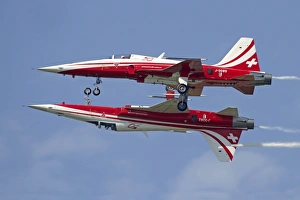 F-5 Tiger II aircraft of Patrouille Swuisse demonstrate the calypso pass F-5 Tiger II aircraft of Patrouille Swuisse demonstrate the calypso pass