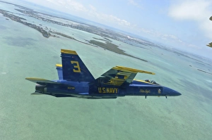 An F/A-18 Hornet of the Blue Angels flies over the Florida Keys An F/A-18 Hornet of the Blue Angels flies over the Florida Keys
