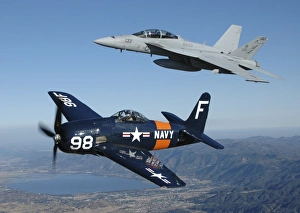 F/A-18 Hornet and F8F Bearcat flying over Chino, California F/A-18 Hornet and F8F Bearcat flying over Chino, California